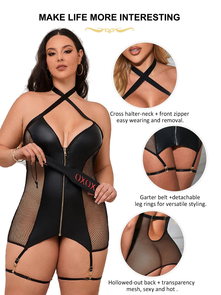 Sexy Mesh Leather Babydoll with Leg Ring 10102