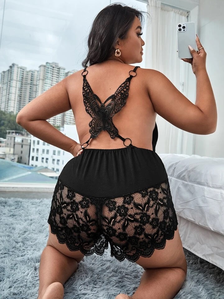 Contrast Lace Backless Ring Linked Sleep Romper 2404