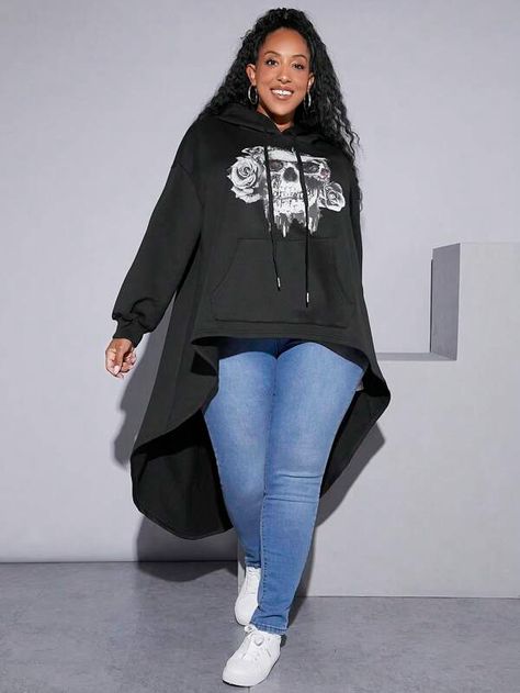 Floral Print Drop Shoulder Drawstring Hoodie 7102 (Size US22 - US34)