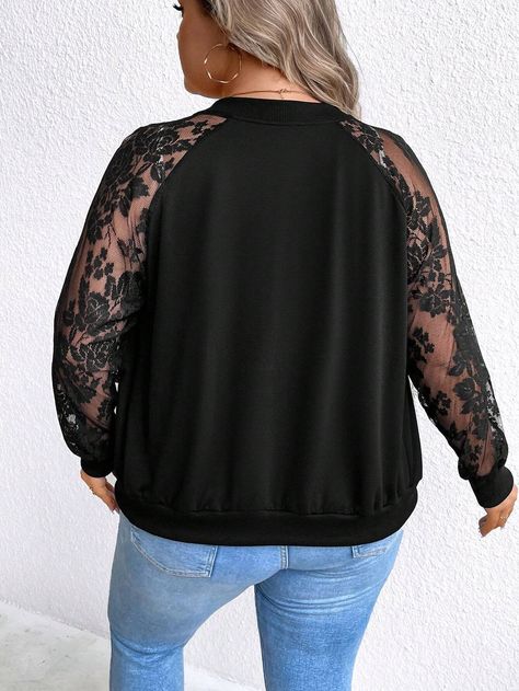 Contrast Lace Raglan Sleeve Zip Up Bomber Jacket