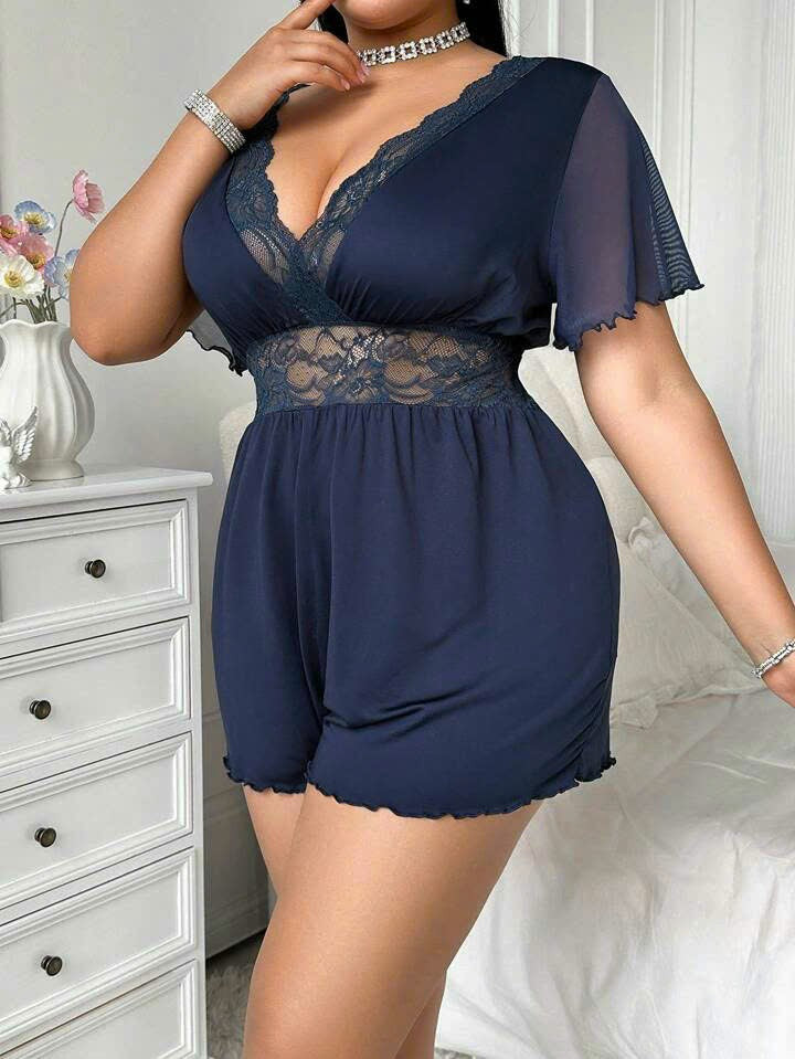 Lace Contrast Mesh Jumpsuit Pajamas 7063