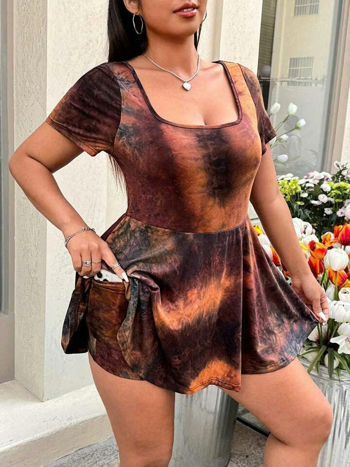 Tie-Dye Round Neck Short Sleeve Romper 1064
