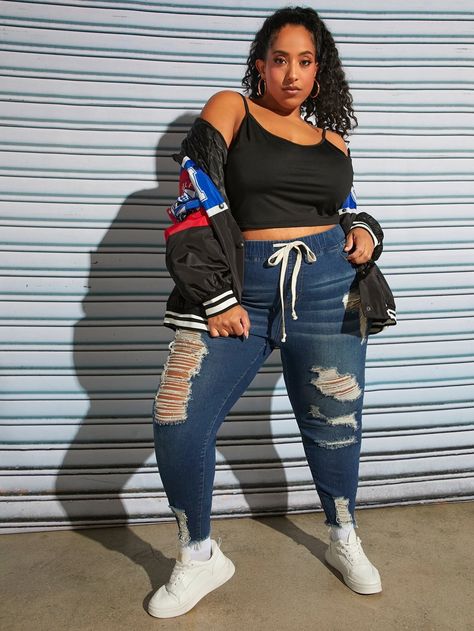 Drawstring Waist Ripped Raw Cut Skinny Jeans ( size US22 - US30)