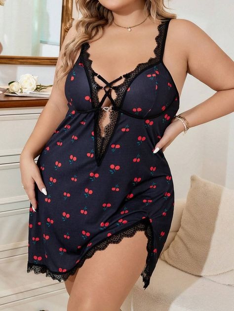 Cherry Print Lace Trim Slips A1011