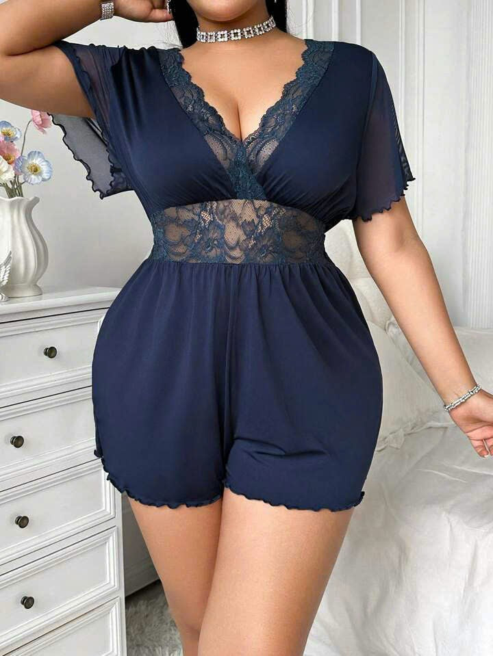 Lace Contrast Mesh Jumpsuit Pajamas 7063