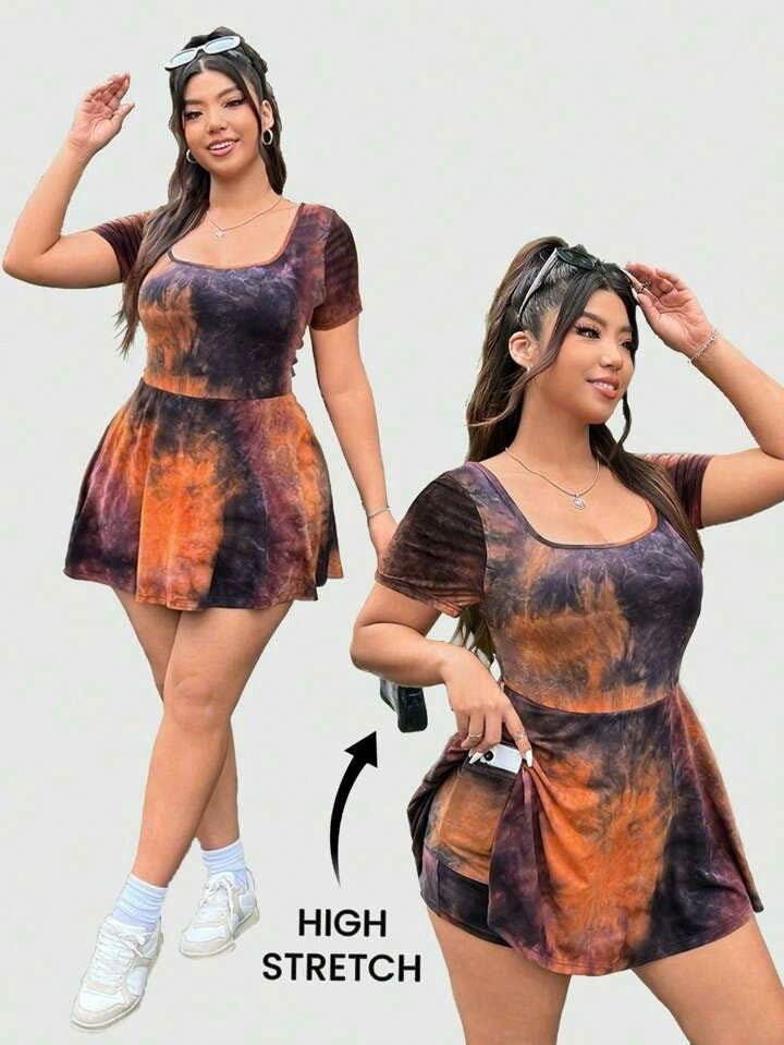 Tie-Dye Round Neck Short Sleeve Romper 1064