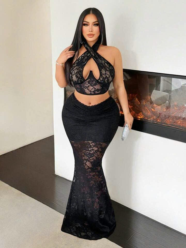 Halter Neck Lace Cut-Out Crop Top 27071