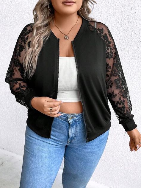 Contrast Lace Raglan Sleeve Zip Up Bomber Jacket