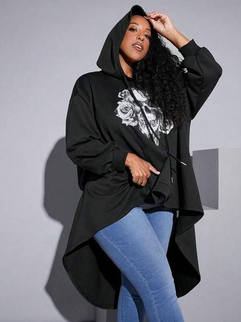 Floral Print Drop Shoulder Drawstring Hoodie 7102 (Size US22 - US34)
