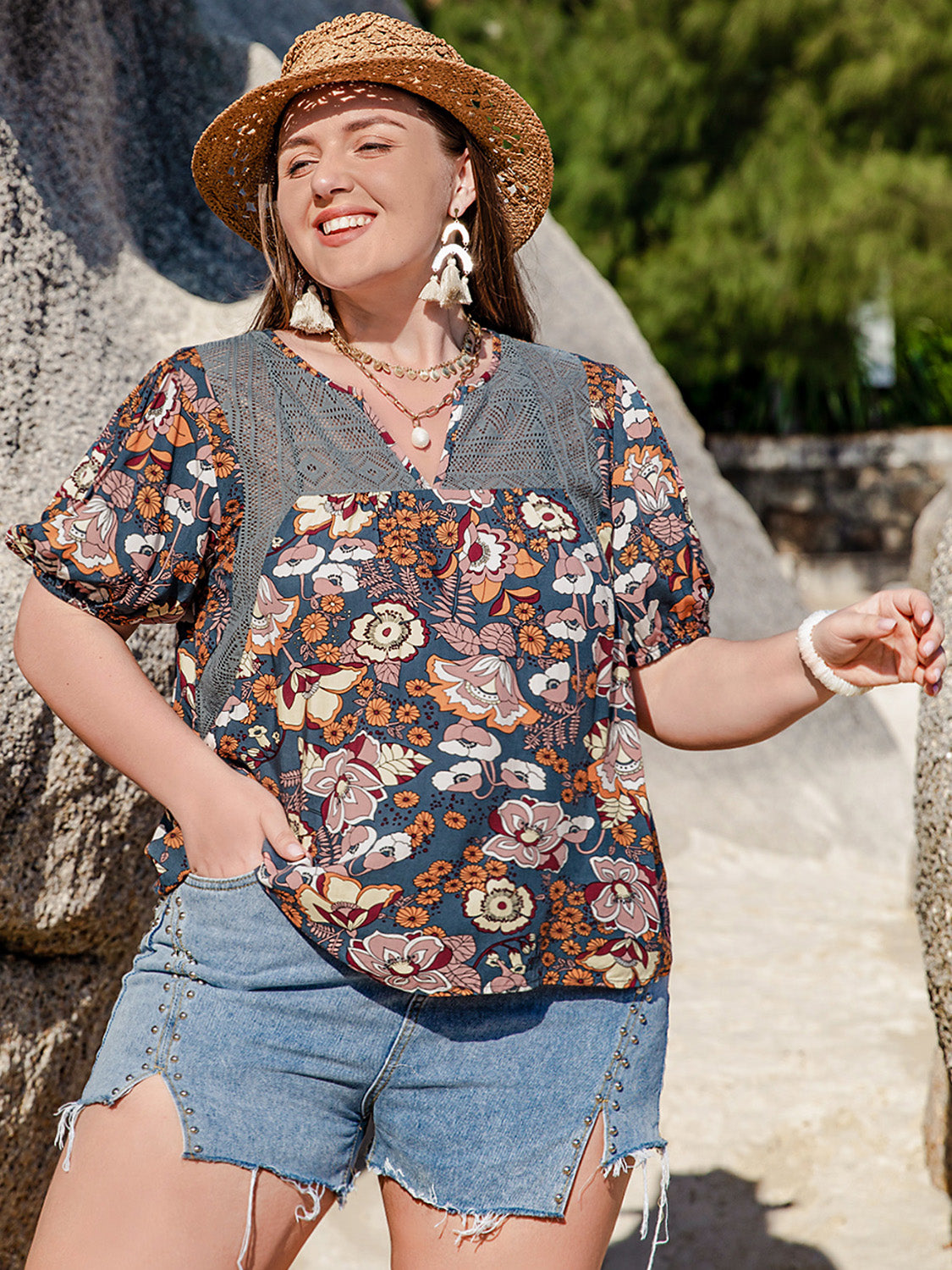 Printed Notched Half Sleeve Blouse
