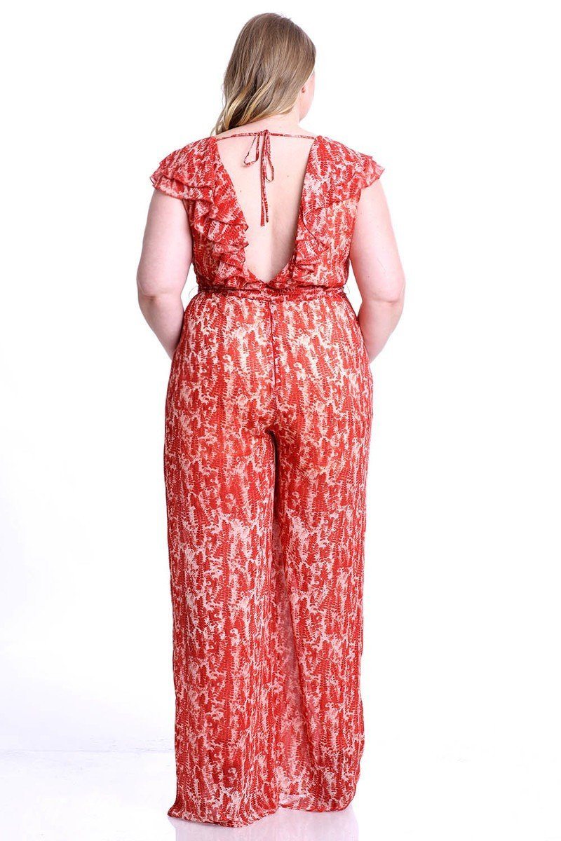Abstract Print Ruffle Detail Jumpsuit CJ5105