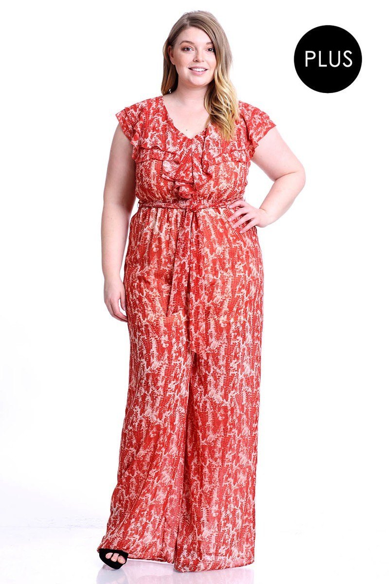 Abstract Print Ruffle Detail Jumpsuit CJ5105