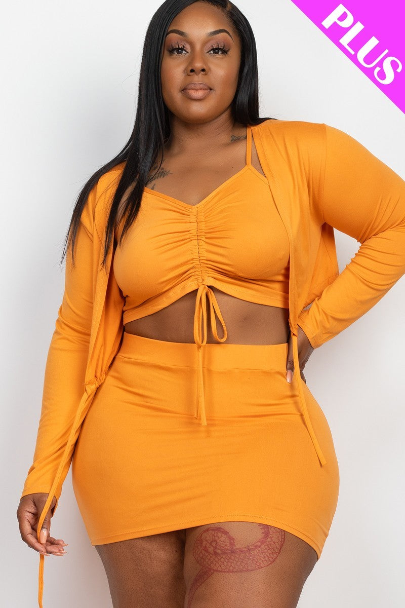 Plus Size Ruched Drawstring Cami Top &amp; Skirt Set With Cardigan